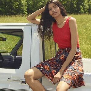 Anthropologie Size Medium Flare Skirt Navy and Orange Floral Pattern